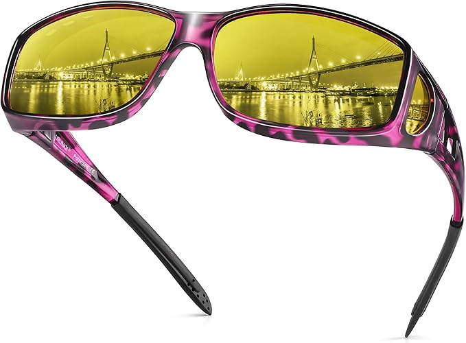 URUMQI Night Vision Driving Glasses Fit Over Eyeglasses for Men Women, Anti Glare Polarized Nighttime Glasses Yellow Lens