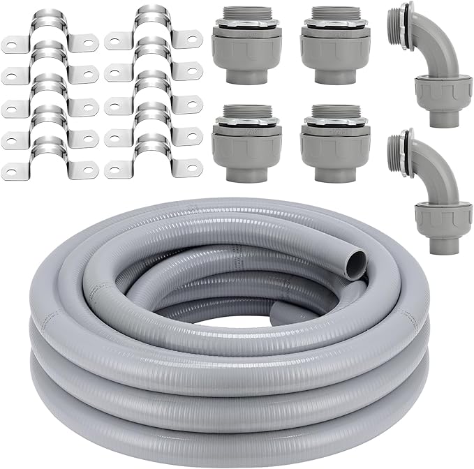 Liquid-Tight Conduit Connector Kit,Flexible Non Metallic Liquid Tight Electrical Conduit Kit,Waterproof Outdoor Electrical Conduit Pipe,Straight/Angle Fittings,Clamps (1-1/2 in x 50 ft)