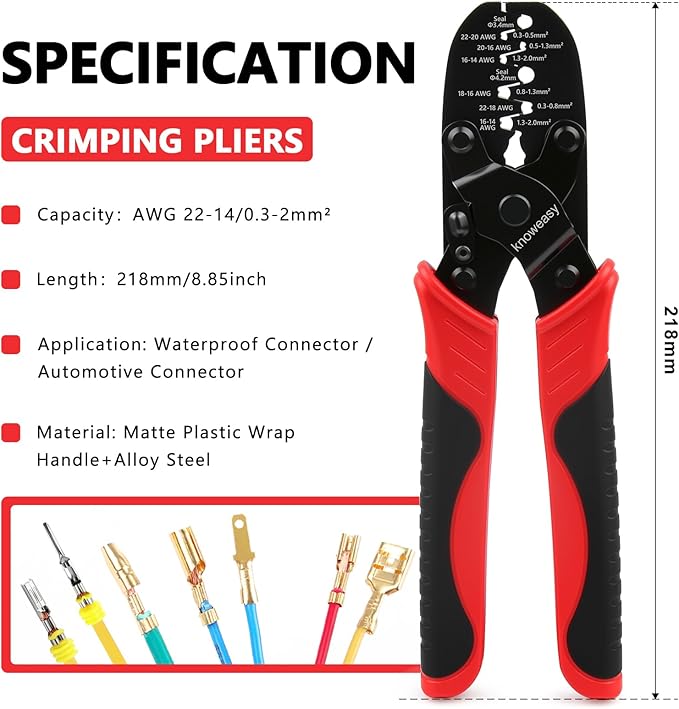 Knoweasy 1424C Weather Pack and Metri Pack Crimping Tool for 22–14 AWG Open Barrel and Sealed Terminals, Dual Cavity Crimper for Deutsch DT DTM Waterproof Electrical Connectors