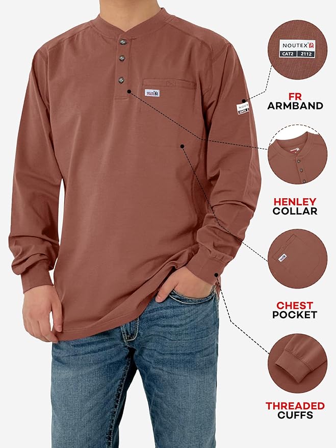 FR Shirts for Men 6oz Lightweight Stretch Work Shirt Flame Resistant Long Sleeve Henley Shirt CAT2