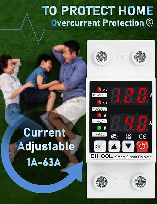 DIHOOL Adjustable Voltage Protector 110V 220V, Low/High Voltage Cutoff and Overcurrent Protection, 70-200V Undervoltage, 140-300V Overvoltage, 1-63A Smart Circuit Breaker AC Disconnect, DIN Rail Mount