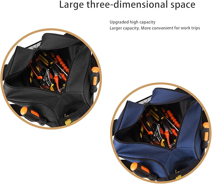 FASTECH 14 Inch Small Tool Bag, Wide Mouth Tool Tote Bag, Waterproof Tool Organizer Bag, Electricians Repairman Tools Tote Bag Double Fabric Storage Bag (Black+Blue)