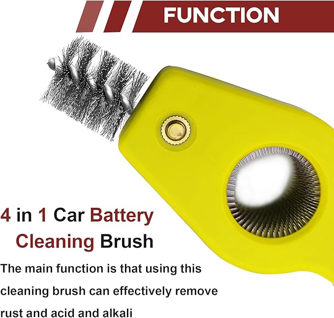 4 in 1 Car Battery Terminal Cleaning Brush, Anti-Rust Auto Battery Cleaner Brush Tool, Universal for Automotive and Marine for Plumbing Installation Soldering Brazing, Car Accessories (Yellow)