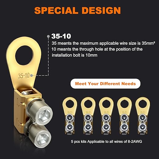 GKG 5Pcs 8-2AWG Battery Lugs, Heavy Duty Wire Lugs, Battery Cable Ends, Ring Terminals, Crimpless Dual Bolt-On Battery Terminal Connectors Lugs for Automotive, Marine, and Solar Power Applications