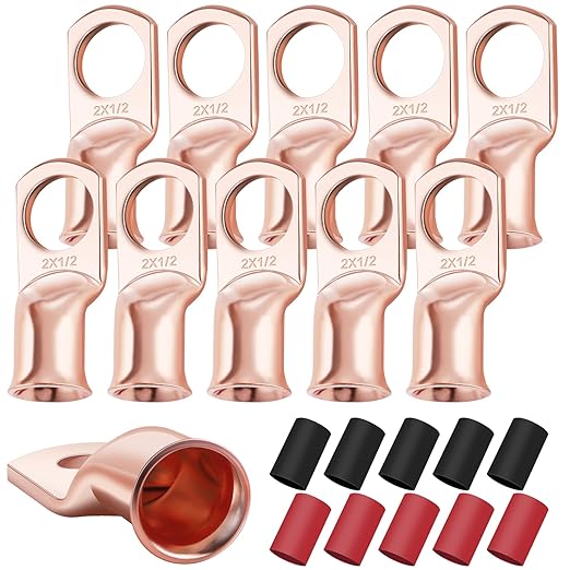 XHF 10PCS 2 AWG-1/2 Heavy Duty Battery Lugs with 3:1 Heat Shrink Tubing, Ring Terminals Battery Cable Ends Copper Eyelets Electrical Battery Connectors