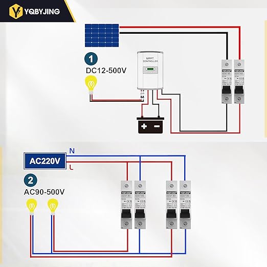 DC Circuit Breaker 63 Amp Solar Panel Disconnect Switch 12V-500V 1 Pole Miniature Solar Circuit Breaker for Outdoor PV Homes Battery, AC 110V DIN Rail MCB