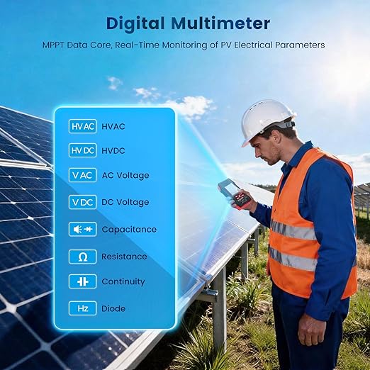 2000W Solar Panel Tester, 2-in-1 MPPT Photovoltaic Meter & 60000-Count Digital Multimeter with 2000V AC/DC, 3.2" Color Display for PV Panel Testing, Installation & Maintenance