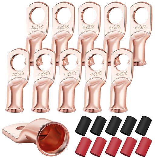 XHF 10PCS 4 AWG-3/8 Heavy Duty Battery Lugs with 3:1 Heat Shrink Tubing, Ring Terminals Battery Cable Ends Copper Eyelets Electrical Battery Connectors