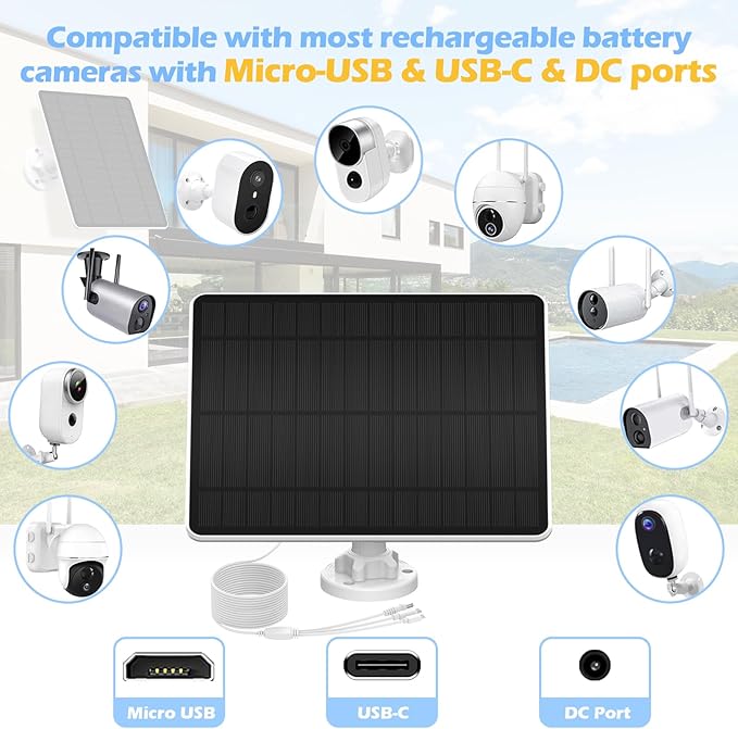 Solar Panel for Security Camera, Camera Solar Panel for Built-in Rechargeable Battery Security Camera with Micro USB & USB-C & DC Ports, IP65 Waterproof, 360°Adjustable, 10Ft Charging Cable
