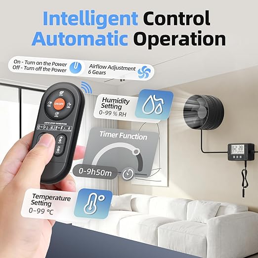 Upgraded 4-Inch Inline Duct household Fan 6 Speed Control with Temperature and Humidity Sensor and Timer Remote Low Noise for Grow Tent System, Bathrooms, Attics, replacement household furnace fans