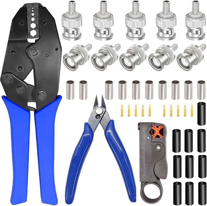 Taiss Coaxial Cable Tool Kit BNC Crimp tool with 10PCS BNC Male Crimp Connector,Coaxial Cable Stripper Cutter,Wire Cable Cutter and Heat Shrink Tube for RG58/RG59/RG62/RG174