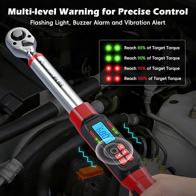 Digital Torque Wrench, 3/8" Drive 5-99.6 Ft.lb/6.8-135 N.m, Electronic Torque Wrench with Buzzer & LED Indicator, Rachet Torque Wrench Set for Bike Motorcycle Car Tire Auto Repair