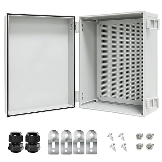 Junction Box IP65 Waterproof Electrical Box Outdoor ABS Plastic Project Box Hinged Shell Universal Enclosure Box with Mounting Plate, Wall Brackets, Cable Glands 15.7" x 11.8" x 7.1"
