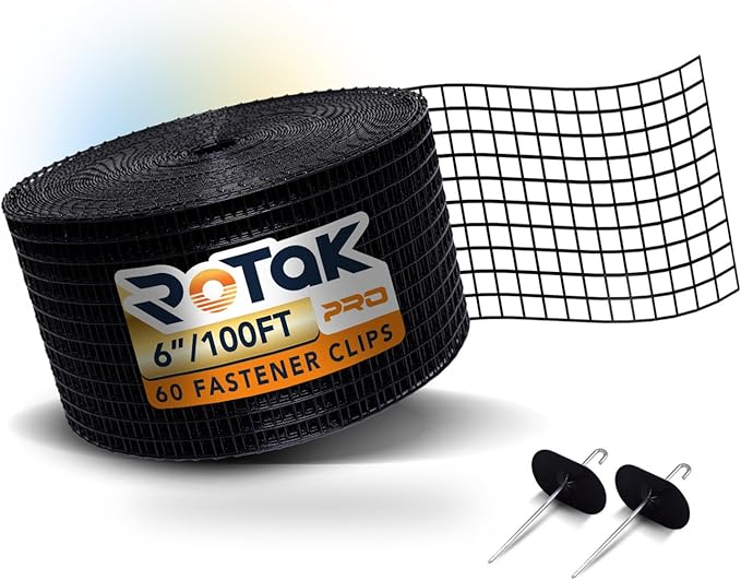 Rotak Critter Guard PRO - 6in x 100ft Solar Panel Bird Prevention Roll Kit with 60 Fastener Clips - Heavy Duty Galvanized Black PVC Coated ½ inch Wire Roll Mesh (6" PRO + 60 Clips)