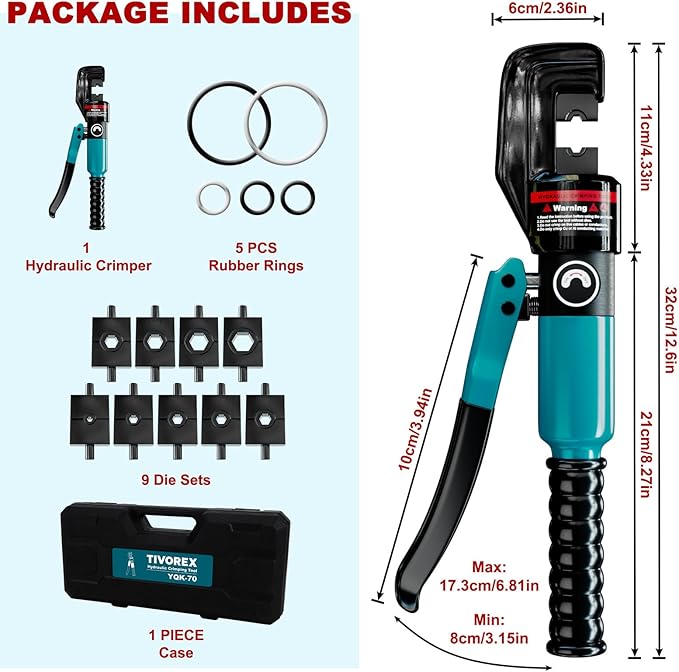 Hydraulic Crimping Tool Kit-10 Tons 12 AWG to 2/0 AWG for Wire Battery Cable Lug, Terminal Crimper Tool with 9 Die Sets, 1/8” Wire Rope Crimping Tool