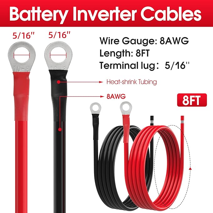 8 AWG Battery Cables 8 Gauge Solar Panel Wire Tinned Copper Extension Cable with 5/16'' Lugs for RV Solar Panel Car Automotive (8AWG 8FT)