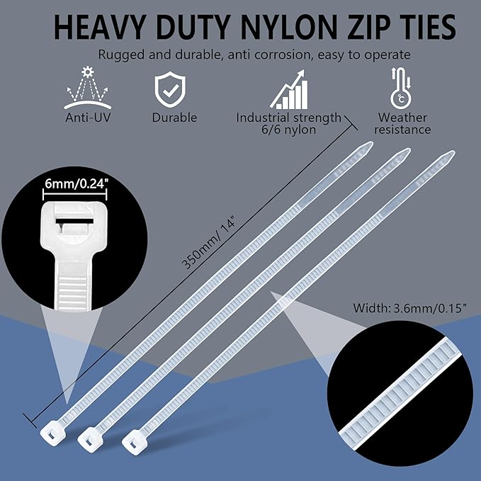 200PCS 14 Inch White Zip Ties Heavy Duty - Industrial 50 lbs Tensile Strength Clear Cable Ties, UV & Weather Resistant tie wraps, Self-Locking for Cable Management, Outdoor Use, and Home Organization