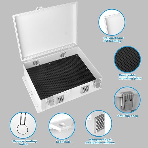 Electrical Junction Box, Outdoor Water Resistant Nema Enclosure, Ventilated ABS Plastic WiFi Project Box with Internal Mounting Panel & Hinged Cover 18.1" Lx 12.6" Wx 4.3" H