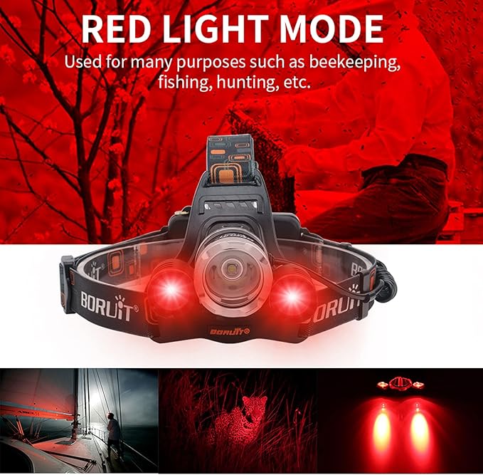 BORUIT RJ-3000 LED Rechargeable Headlamp,3 Modes White and Red LED Hunting Headlamps,Super Bright Tactical Flashlight Red Light Head Lamp for Running Camping Hiking Fishing