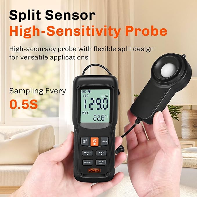 Light Meter Digital Illuminance, Split Sensor Lux/Foot Candles Meter 0–200,000 Lux, Data Record, Max/Min Mode, for Plants, Photography & Workspaces