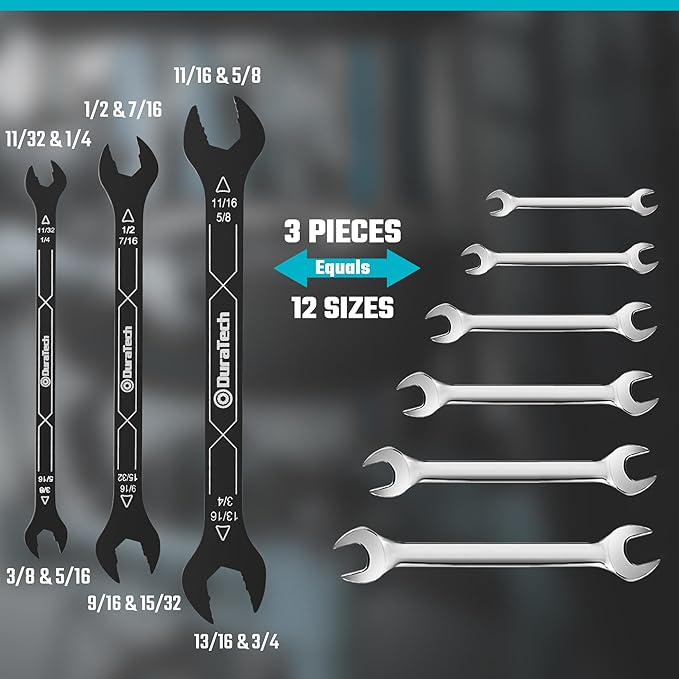 DURATECH 4-in-1 Super-Thin Open End Wrench Set, 3-Piece, 12 Sizes, SAE, Including 1/4", 5/16", 11/32", 3/8", 7/16", 1/2", 15/32", 9/16", 5/8", 11/16", 3/4", 13/16", Ultra-slim, Rolling Pouch Included