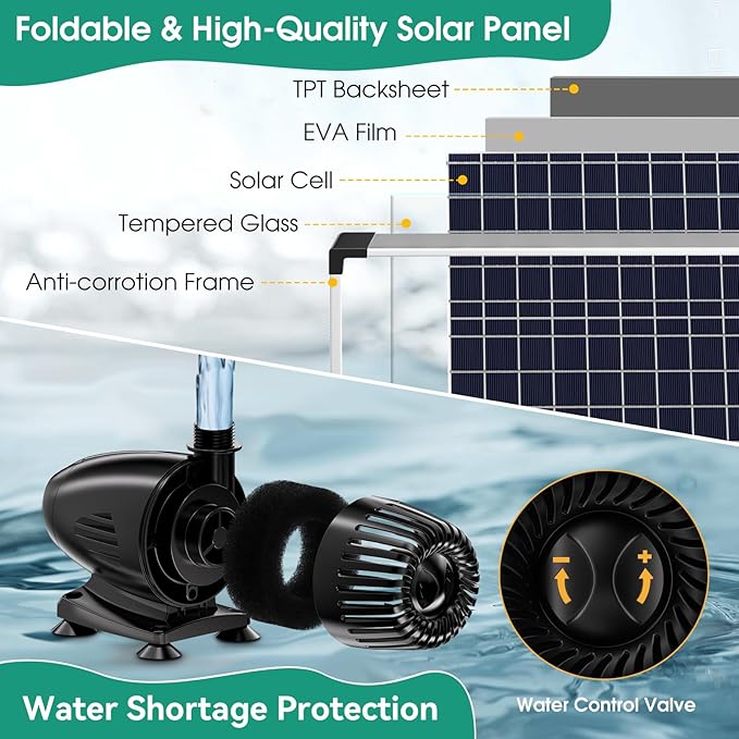 POPOSOAP 70W Solar Water Pump with Pond Waterfall Kit, 304 Stainless Steel Pond Waterfall Spillway, Pond Spillway with 9.8FT Corrugated Tubing for Garden Water Features-P5703
