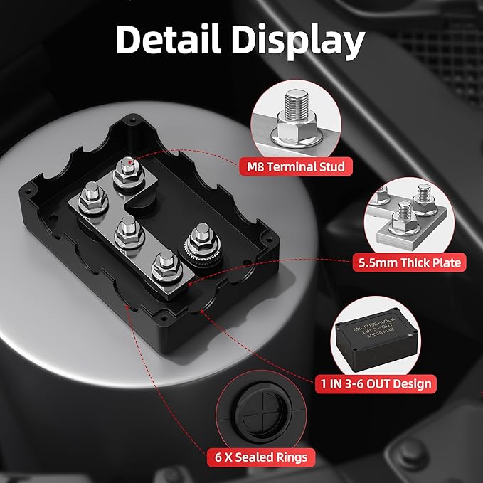 DaierTek ANL Fuse Holder M8 Stud Terminals Max 1000A Marine ANL Fuse Block 1 In 3-6 Out ANL Fuse Block with 200A 400A 600A 800A ANL FUSE for Automotive Car Truck Boat