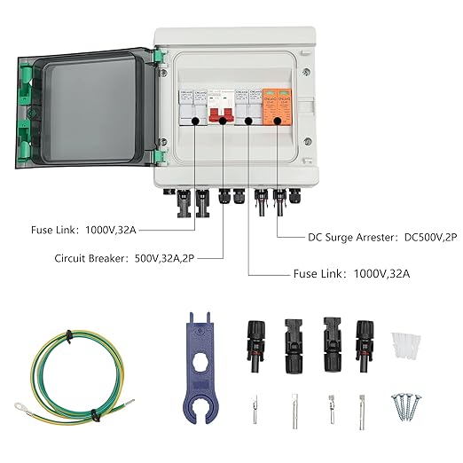 PV Combiner Box, 2 String Solar Combiner Box with 32A Current Fuse, Surge Protective Device Air Circuit Breaker for On/Off Grid Solar Panel System