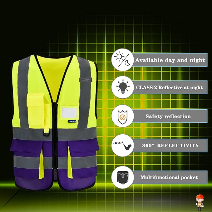 A-SAFETY Reflective Safety Vest, Hi Vis 9 Pockets High Visibility Zipper Front Safety Vest, Yellow&Purple Color Mixed, L