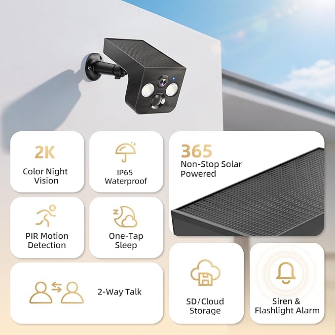 Solar Security Cameras Wireless Outdoor, 2K Battery Powered, Cloud/SD Storage, Built-in Solar, IP65 Waterproof, AI Motion, Color Night Vision, Outside WiFi Cameras for Home Security
