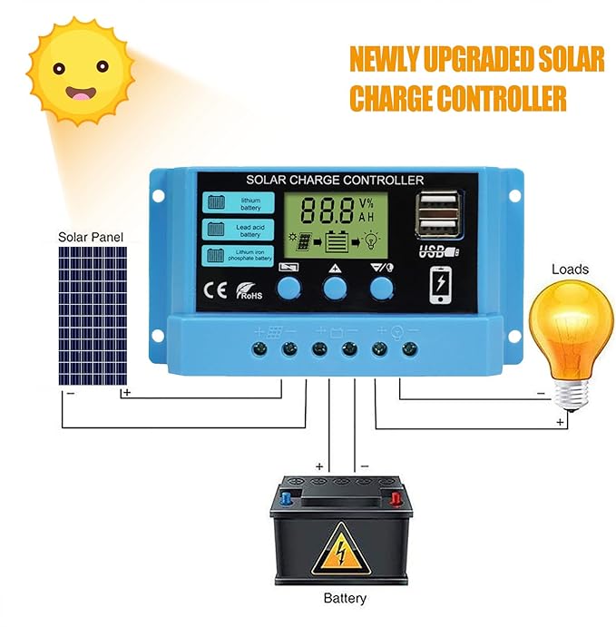 Peidesi PWM 30A Solar Charge Controller 12V 24V PV Regulator for Lifepo4 Lithium Gel Lead Acid for 100W 200W 300W Solar Panel LCD Display Dual USB 5V Output PDS-12V30A-CON