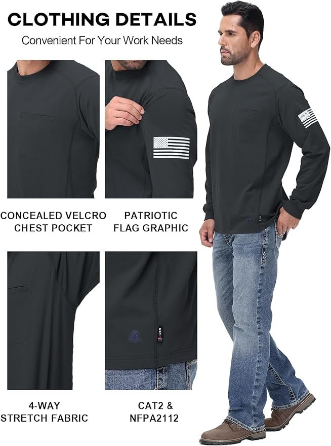 FR Shirts for Men 5.5OZ Lightweight Stretch Patriot Baseball T-Shirt Work Shirt