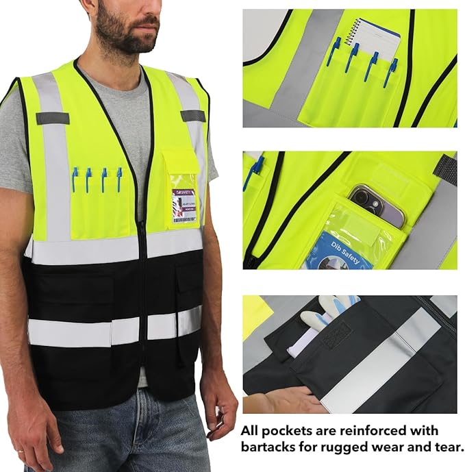Dib Safety Reflective Vest ANSI Class 2, High Visibility Vest with Pockets and Zipper, Construction Work, Hi Vis