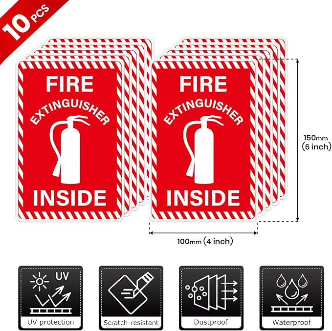 10 Pack Fire Extinguisher Inside Sticker Self Adhesive 6 × 4 Inch Fire Extinguisher Signs Strong Adhesion Vinyl Label for Trucks Trailers Vans Boats Equipment Offices Business