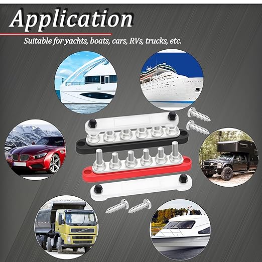 250A Bus Bar 12V Marine 6 x 5/16" (M8) Terminal Studs 12V-48V Power Distribution Block with Cover,with 6PCS Battery Lugs and 6PCS Heat Shrink Tubing Busbar for Boat Automotive Car
