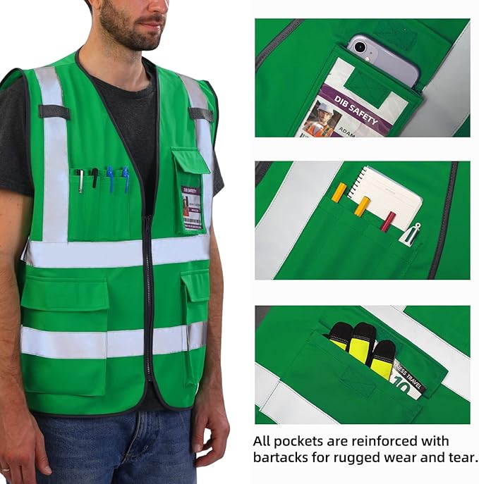 Dib Safety Reflective Vest ANSI Class 2, High Visibility Vest with Pockets and Zipper, Construction Work, Hi Vis
