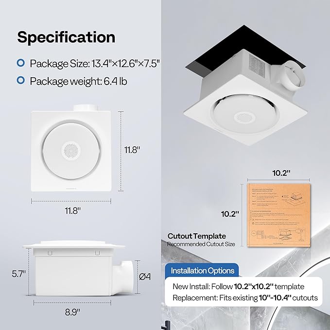 VIVOHOME Bathroom Exhaust Fan with RGB Light & Humidity Sensor (160-110-30CFM) & Bluetooth Speaker - 2700K/4000K/5700K LED Light, EC Motor Retrofit Bath Fan, No Attic Access Needed