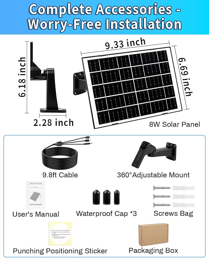 8W Solar Panel for Security Camera, Solar Panel Charger with 5V USB-C/Micro/DC 3.5mm Ports 9.8ft Cable & 360°Integrated Mount, IP65 Solar Panels for Ring/Reolink/Eufy Built-in Battery Camera