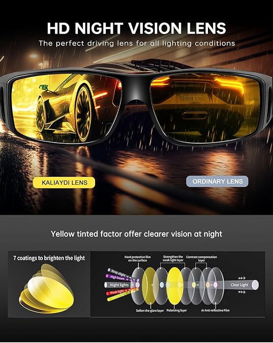 KALIYADI Night-Vision-Glasses Fit-Over-Glasses Wrap-Around Glasses: Anti Glare Night Driving Glasses for men women HD Lens