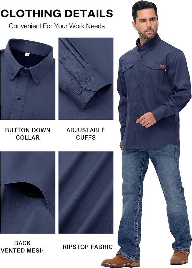 FR Shirt for Men 6oz Ripstop Lightweight Back Vented Mesh Breathable Flame Resistant CAT2 NFPA2112 Welding Shirts