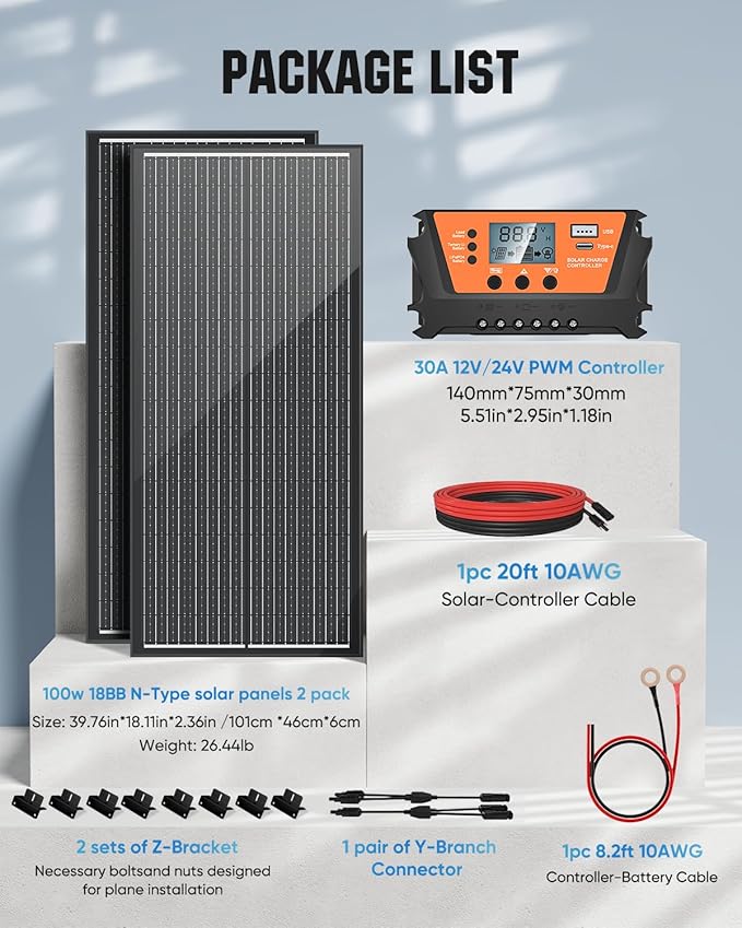 18BB 200W 12V/24V Solar Panel Kit, 2pc 100 Watt N-Type Panels, 30A PWM Charge Controller, Y-Branch Cables, Z-Brackets, for RV, Camper, Vehicle, Caravan