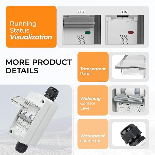 Solar Panel Disconnect Switch 60A 550V PV Shut Off Switch Outdoor DC Miniature Circuit Breaker Box IP65 Waterproof UV-Proof for Solar PV Home (60Amp)