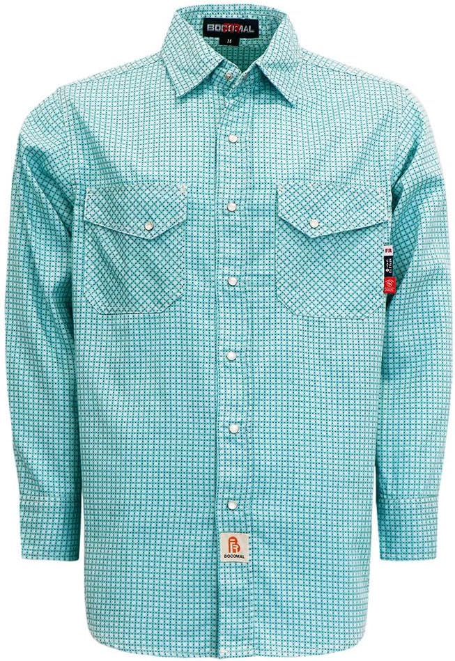 BOCOMAL FR Shirts for Men Printed Plaid Flame Resistant Clothing 6.5oz Cotton Button Up Welding Shirts NFPA2112 CAT2