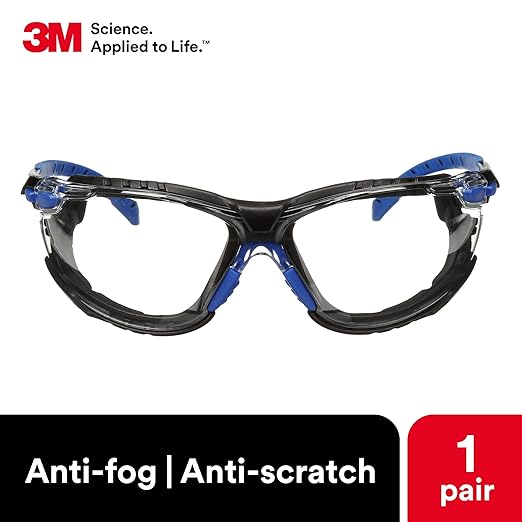 3M Safety Glasses, Solus 1000 Series, ANSI Z87, Scotchgard Anti-Fog, Clear Lens, Blue/Black Frame, Removable Foam Gasket and Strap, Pack of 1