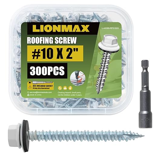 LIONMAX Metal Roofing Screws #10 × 2 Inch, 300-PCS, White Painted Hex Head Sheet Metal Roof Screws, Rubber Washer, Sharp Point, Metal to Wood Siding Screws, Hex Socket Included