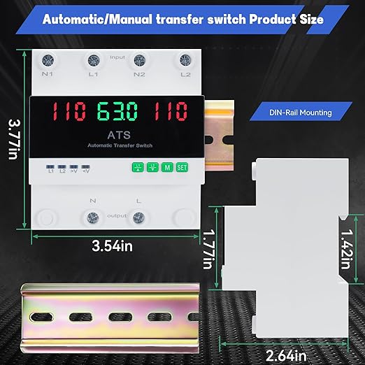 6-63Amp AC 110V Automatic Transfer Switch with LED Display, 2P Dual Power Outdoor Manual Electrical Changeover Switch, L1 Priority Mini ATS Din Rail Mount, 50/60Hz CE Certified
