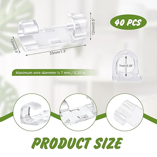 Quacc 40 PCS Clear Cable Management Clips, Self Adhesive Cable Tidy Wire Clips, Wire Holders for PC, Ethernet, TV, Car, Christmas Light