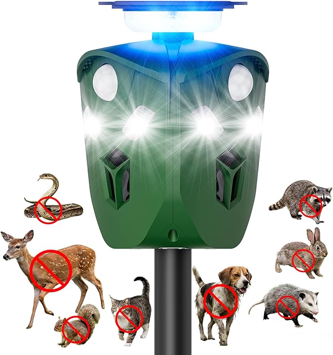 360° Solar Ultrasonic Animal Repellent Outdoor, Deer Repellent Devices with Flash Lights, Animal Deterrent Devices Outdoor for Squirrels, Snakes, Cats, Dogs, Rabbits, Opossums, Coyotes, Raccoons