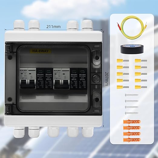 Solar Panel Disconnect Switch,40A 500V RV Circuit Breaker Box with PV Surge Protector IP65 Waterproof 2 String 2 in 2 Out PV Combiner Box for Solar Panel