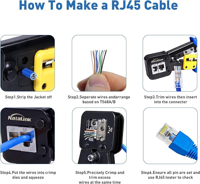 Pass Through RJ45 Crimp Tool Cat 6 Cat 5E Cat 5 Ethernet Crimper All-in-One RJ45 Crimping Tool with 30 Pcs Cat6 RJ45 Pass Thru Connector and Replacement Blade